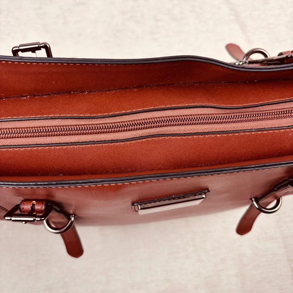 Mosiso Faux Leather Cognac Brown Laptop Bag Large Tote Straps Pockets 18